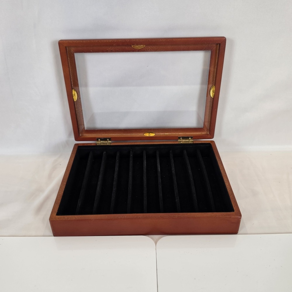 Vintage Wooden Fountain Pen Display Case Glass Top Storage Box Holds 10 Pens